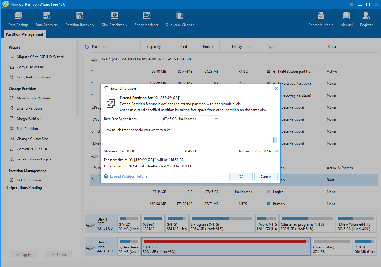 Abbildung der Speichernutzung für das Windows-Systemlaufwerk